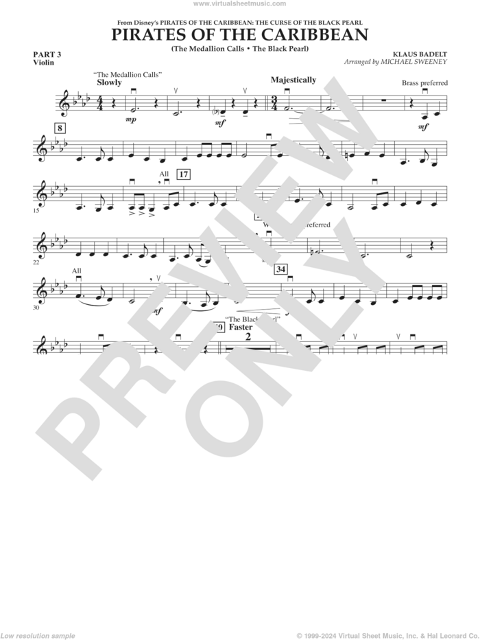 Pirates of the Caribbean (from The Curse of the Black Pearl) sheet music for concert band (pt.3 - violin) by Klaus Badelt and Michael Sweeney, intermediate skill level