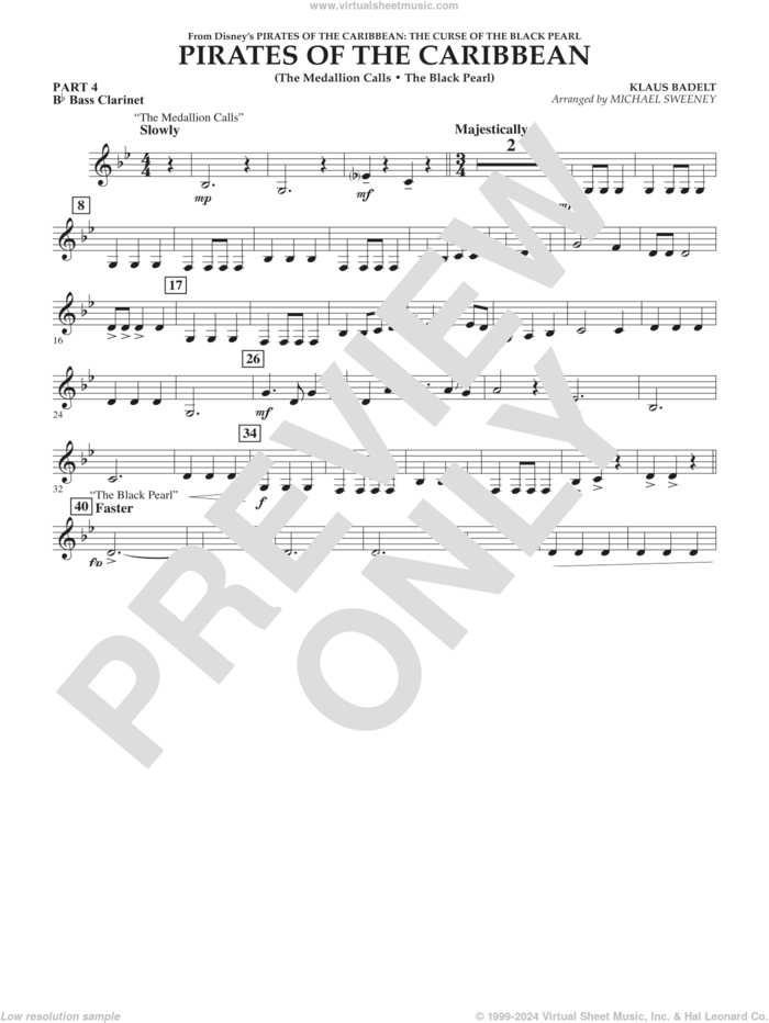 Pirates of the Caribbean (from The Curse of the Black Pearl) sheet music for concert band (pt.4 - Bb bass clarinet) by Klaus Badelt and Michael Sweeney, intermediate skill level