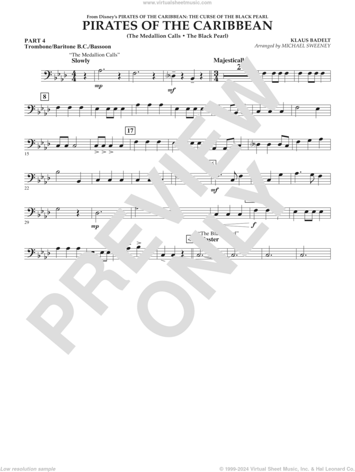 Pirates of the Caribbean (from The Curse of the Black Pearl) sheet music for concert band (trombone/bar. b.c./bsn.) by Klaus Badelt and Michael Sweeney, intermediate skill level