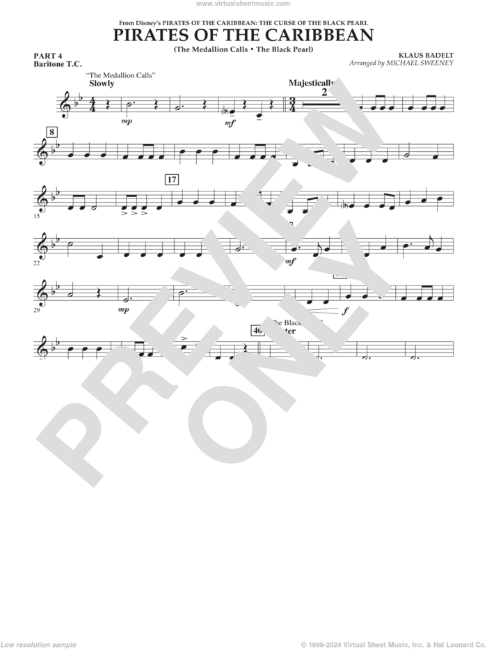 Pirates of the Caribbean (from The Curse of the Black Pearl) sheet music for concert band (pt.4 - baritone t.c.) by Klaus Badelt and Michael Sweeney, intermediate skill level