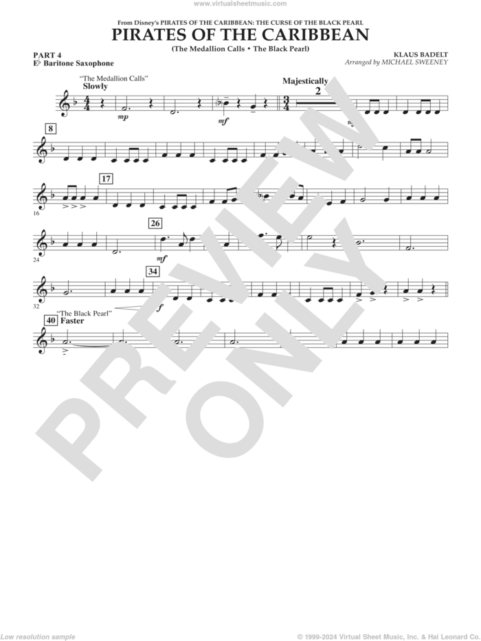 Pirates of the Caribbean (from The Curse of the Black Pearl) sheet music for concert band (pt.4 - Eb baritone saxophone) by Klaus Badelt and Michael Sweeney, intermediate skill level