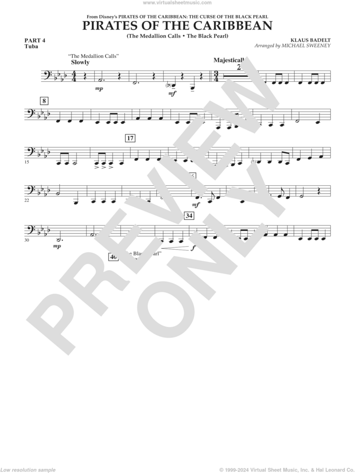 Pirates of the Caribbean (from The Curse of the Black Pearl) sheet music for concert band (pt.4 - tuba) by Klaus Badelt and Michael Sweeney, intermediate skill level