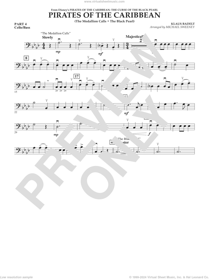 Pirates of the Caribbean (from The Curse of the Black Pearl) sheet music for concert band (cello/bass) by Klaus Badelt and Michael Sweeney, intermediate skill level