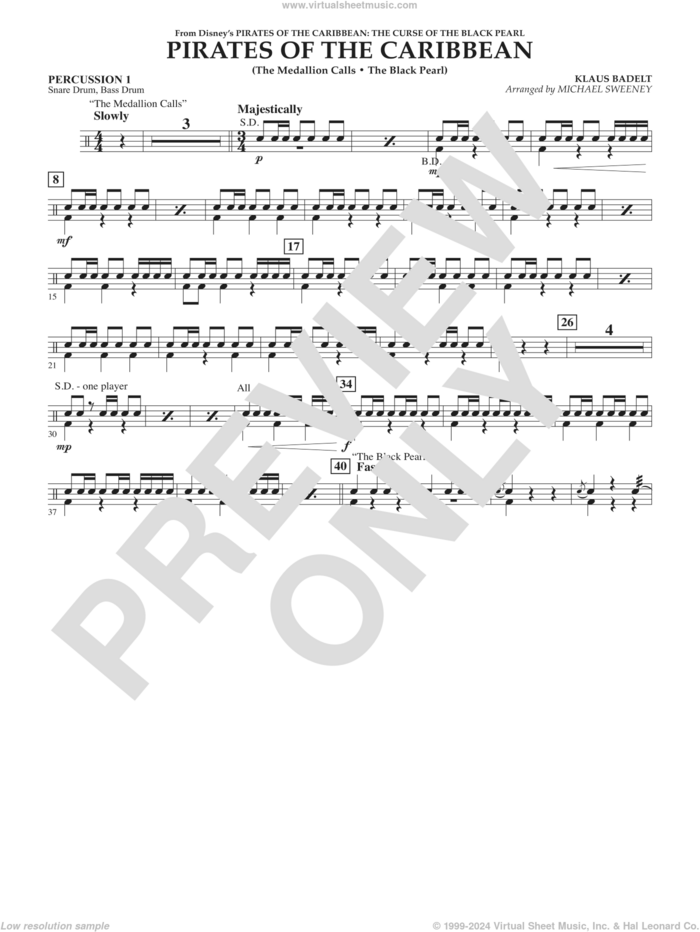 Pirates of the Caribbean (from The Curse of the Black Pearl) sheet music for concert band (percussion 1) by Klaus Badelt and Michael Sweeney, intermediate skill level