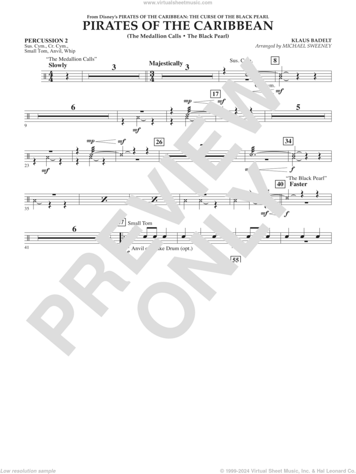 Pirates of the Caribbean (from The Curse of the Black Pearl) sheet music for concert band (percussion 2) by Klaus Badelt and Michael Sweeney, intermediate skill level