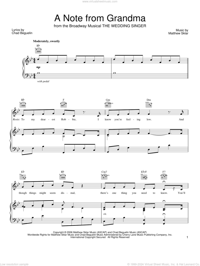 A Note From Grandma sheet music for voice, piano or guitar by Matthew Sklar, The Wedding Singer (Musical) and Chad Beguelin, wedding score, intermediate skill level