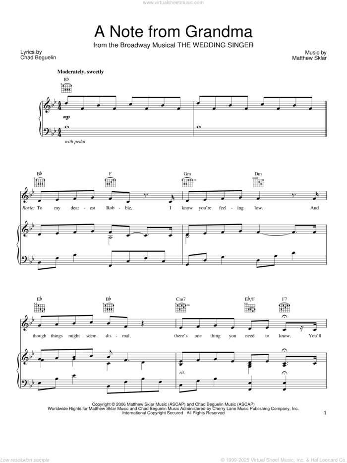 A Note From Grandma sheet music for voice, piano or guitar by Matthew Sklar, The Wedding Singer (Musical) and Chad Beguelin, wedding score, intermediate skill level