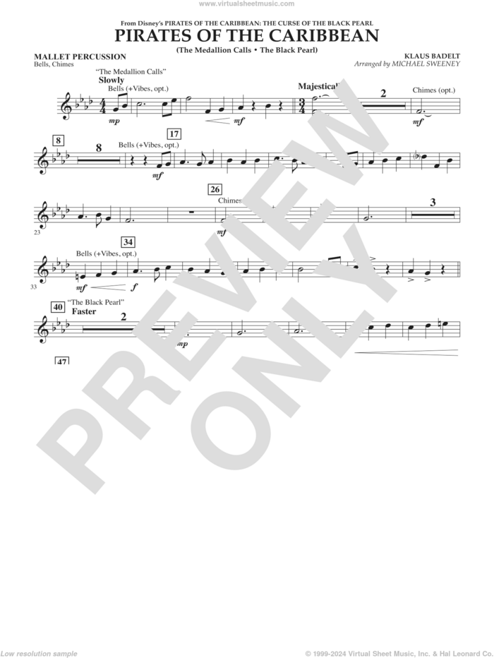 Pirates of the Caribbean (from The Curse of the Black Pearl) sheet music for concert band (mallet percussion) by Klaus Badelt and Michael Sweeney, intermediate skill level