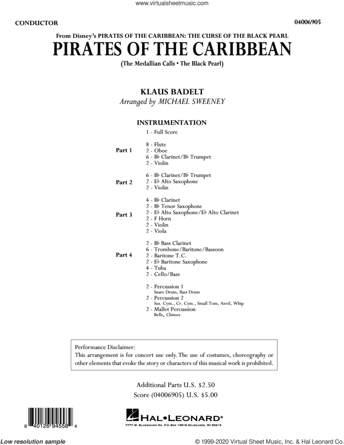 Pirates of the Caribbean (from The Curse of the Black Pearl) (arr. Michael Sweeney) (COMPLETE) sheet music for concert band by Klaus Badelt and Michael Sweeney, intermediate skill level