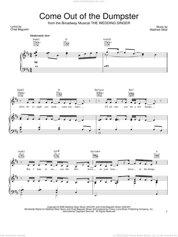 Come Out Of The Dumpster sheet music for voice, piano or guitar by Matthew Sklar, The Wedding Singer (Musical) and Chad Beguelin, wedding score, intermediate skill level
