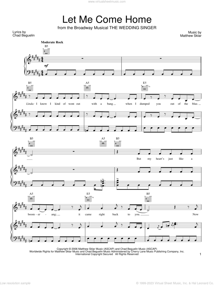 Let Me Come Home sheet music for voice, piano or guitar by Matthew Sklar, The Wedding Singer (Musical) and Chad Beguelin, wedding score, intermediate skill level
