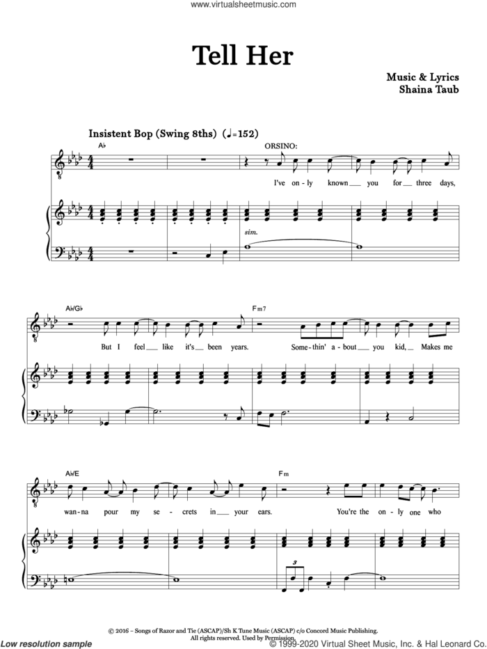 Tell Her (from Twelfth Night) sheet music for voice and piano by Shaina Taub, intermediate skill level