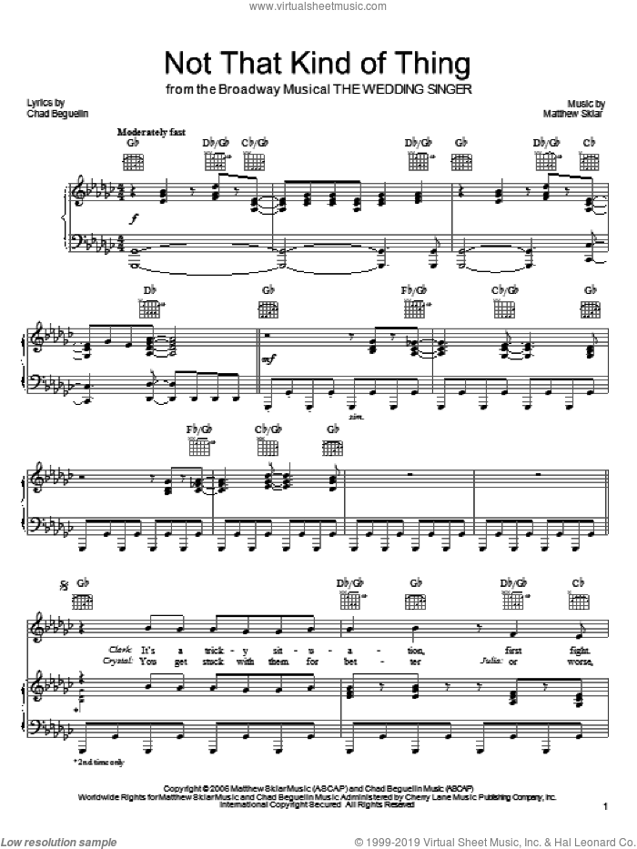 Not That Kind Of Thing sheet music for voice, piano or guitar by Matthew Sklar, The Wedding Singer (Musical) and Chad Beguelin, wedding score, intermediate skill level