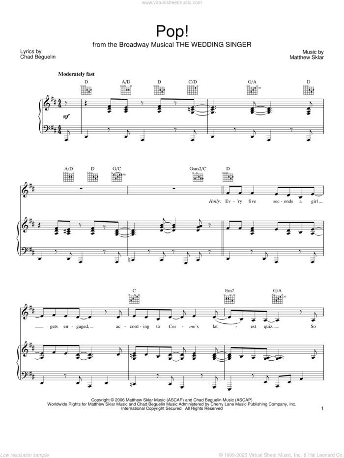 Pop! sheet music for voice, piano or guitar by Matthew Sklar, The Wedding Singer (Musical) and Chad Beguelin, wedding score, intermediate skill level