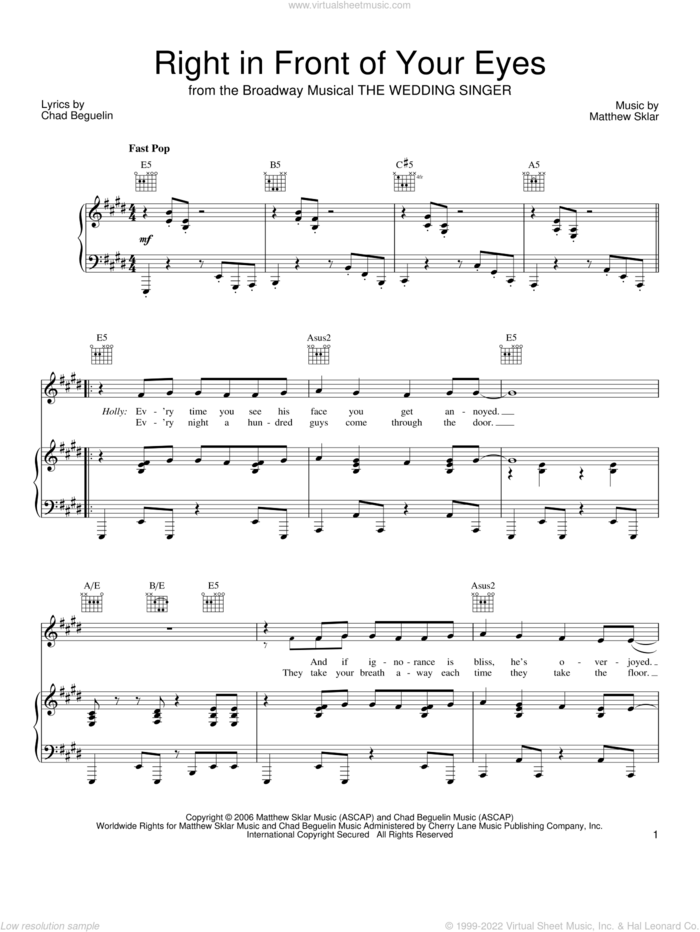 Right In Front Of Your Eyes sheet music for voice, piano or guitar by Matthew Sklar, The Wedding Singer (Musical) and Chad Beguelin, wedding score, intermediate skill level