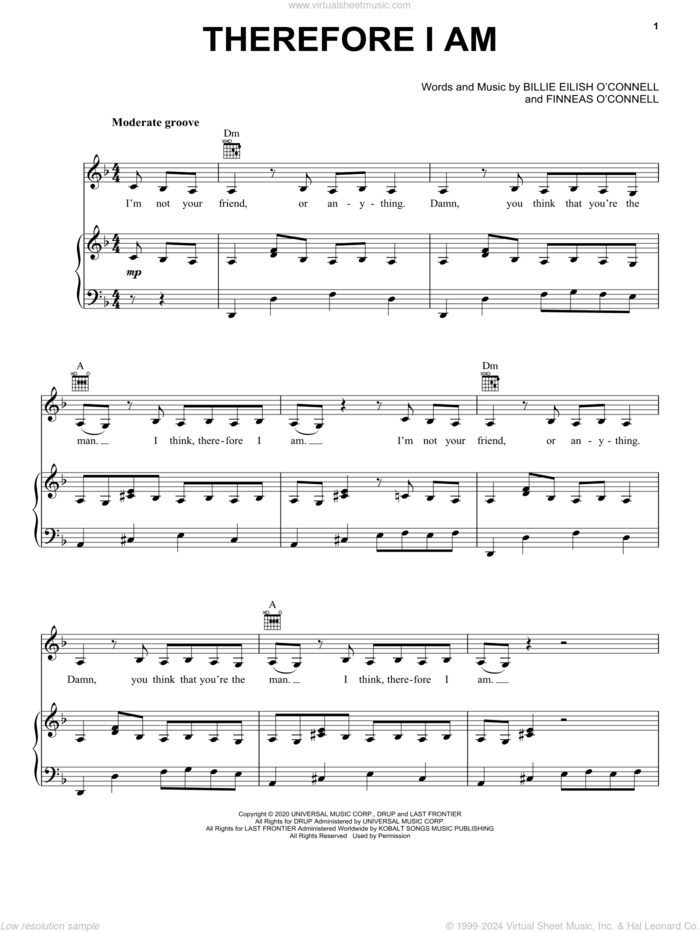 Therefore I Am sheet music for voice, piano or guitar by Billie Eilish, intermediate skill level