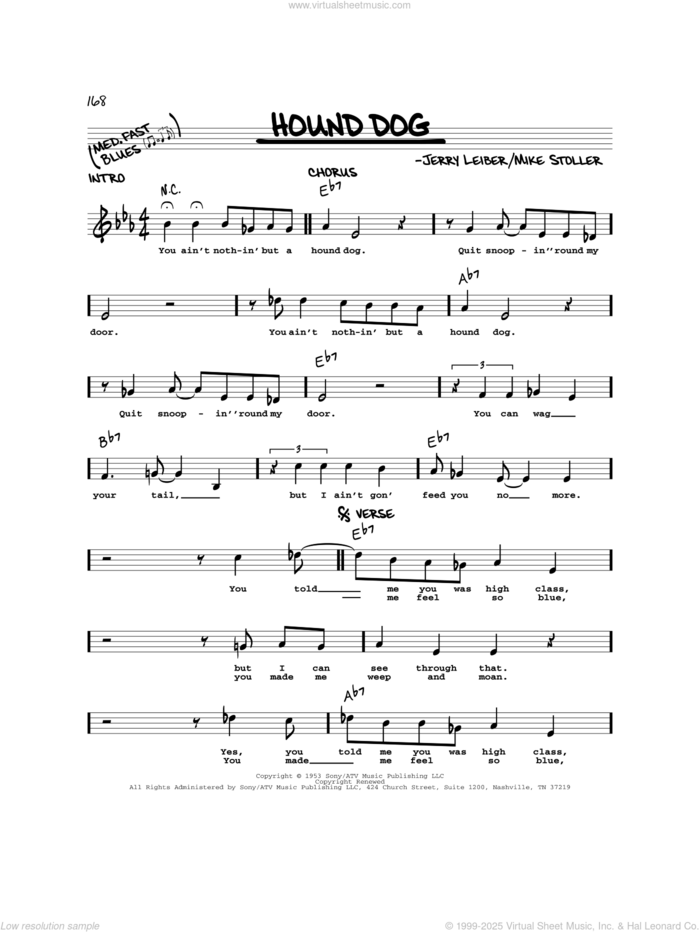 Hound Dog sheet music for voice and other instruments (real book) by Elvis Presley, Jerry Leiber and Mike Stoller, intermediate skill level