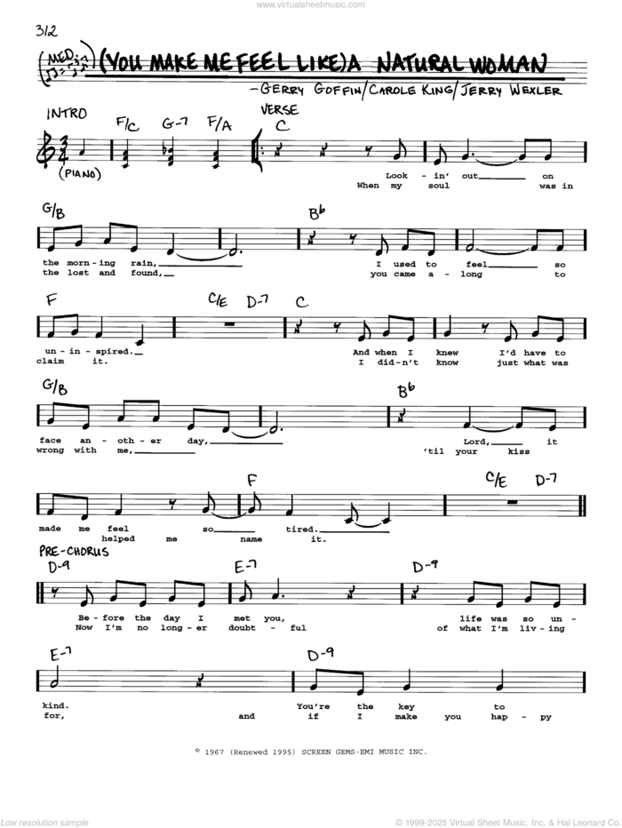 (You Make Me Feel Like) A Natural Woman sheet music for voice and other instruments (real book) by Aretha Franklin, Carole King, Gerry Goffin and Jerry Wexler, intermediate skill level