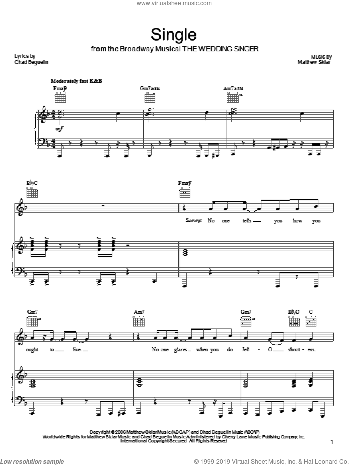 Single sheet music for voice, piano or guitar by Matthew Sklar, The Wedding Singer (Musical) and Chad Beguelin, wedding score, intermediate skill level