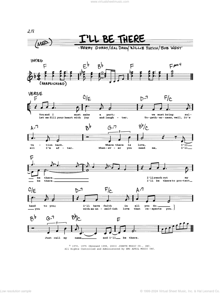 I'll Be There sheet music for voice and other instruments (real book) by The Jackson 5, Berry Gordy Jr., Bob West, Hal Davis and Willie Hutch, intermediate skill level