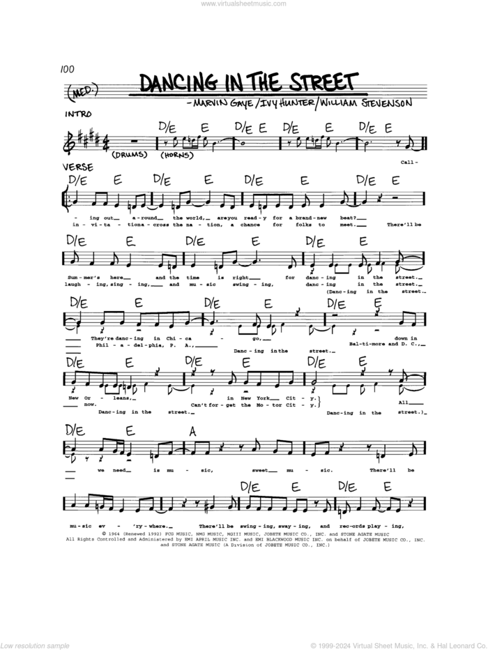 Dancing In The Street sheet music for voice and other instruments (real book) by Martha & The Vandellas, Ivy Hunter, Marvin Gaye and William Stevenson, intermediate skill level