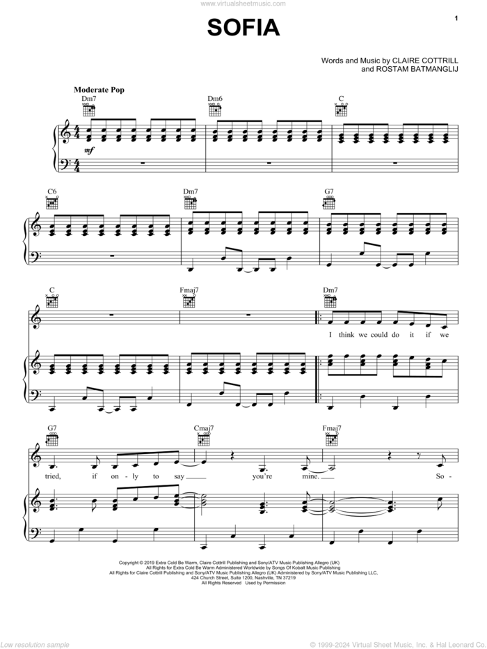 Sofia sheet music for voice, piano or guitar by Clairo, Claire Cottrill and Rostam Batmanglij, intermediate skill level