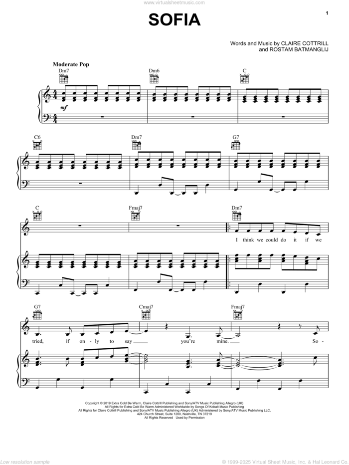 Sofia sheet music for voice, piano or guitar by Clairo, Claire Cottrill and Rostam Batmanglij, intermediate skill level