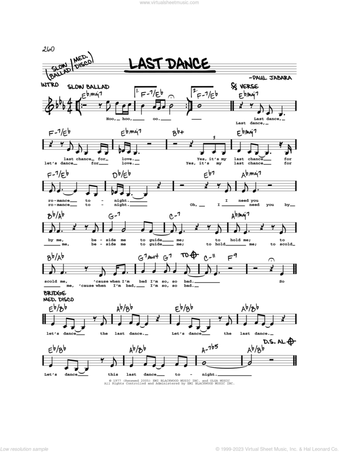 Last Dance sheet music for voice and other instruments (real book) by Donna Summer and Paul Jabara, intermediate skill level