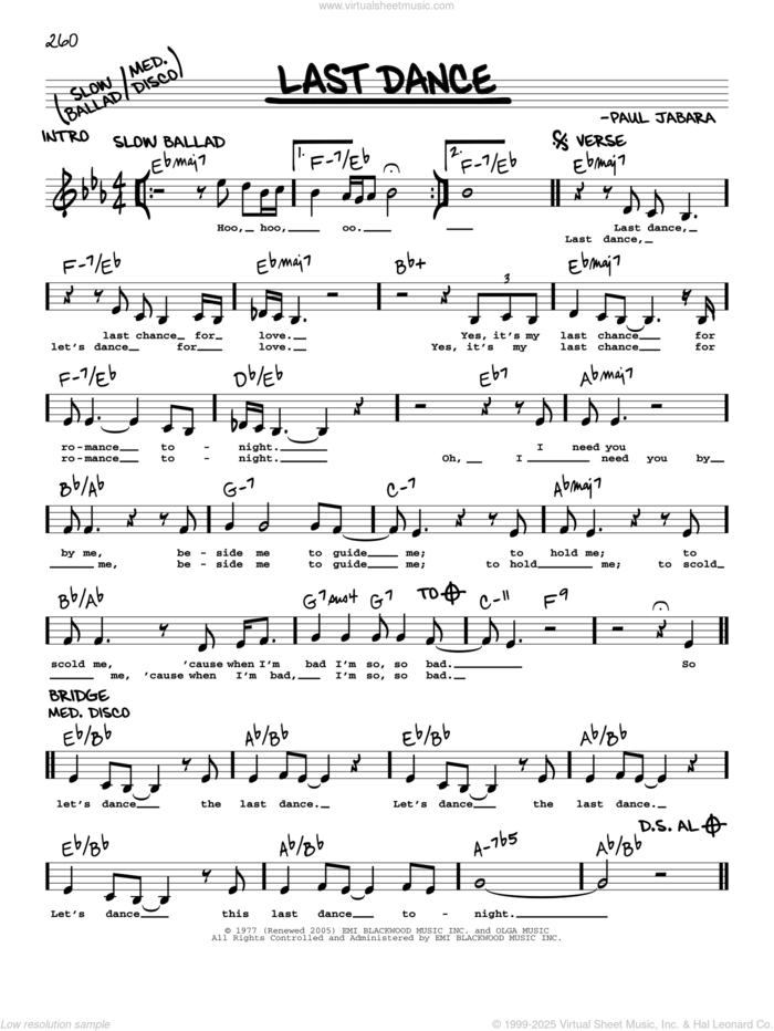 Last Dance sheet music for voice and other instruments (real book) by Donna Summer and Paul Jabara, intermediate skill level