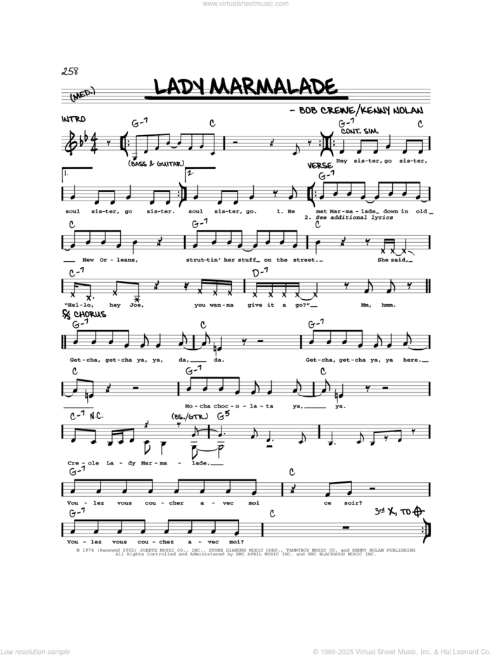 Lady Marmalade sheet music for voice and other instruments (real book) by Patti LaBelle, Fantasia Barrino, Kenny Nolan and Robert Crew, intermediate skill level