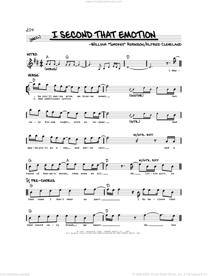 I Second That Emotion sheet music for voice and other instruments (real book) by Smokey Robinson & The Miracles and Alfred Cleveland, intermediate skill level