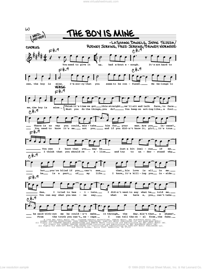 The Boy Is Mine sheet music for voice and other instruments (real book) by Brandy & Monica, Brandy Norwood, Fred Jerkins, Japhe Tejeda, LaShawn Daniels and Rodney Jerkins, intermediate skill level