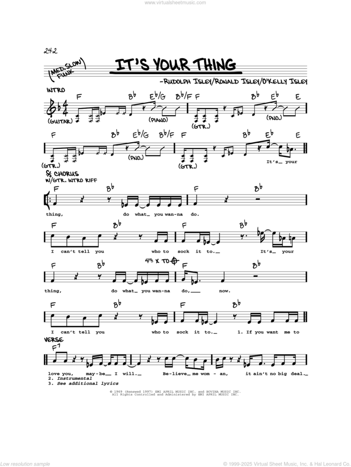 It's Your Thing sheet music for voice and other instruments (real book) by The Isley Brothers, O Kelly Isley, Ronald Isley and Rudolph Isley, intermediate skill level