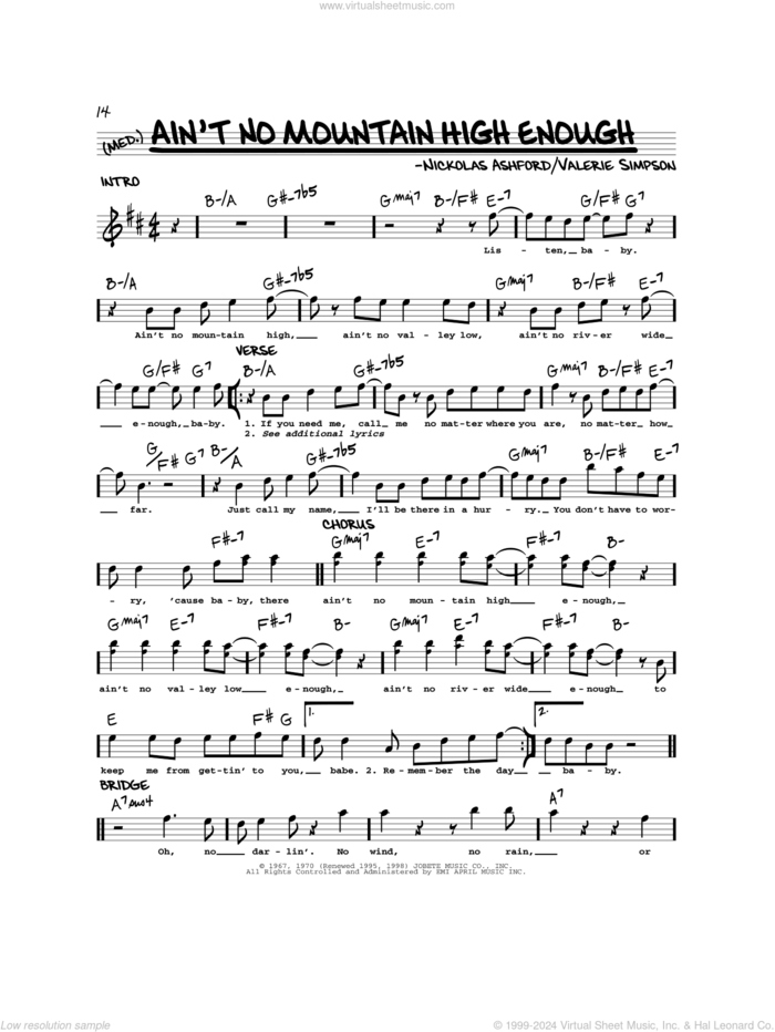 Ain't No Mountain High Enough sheet music for voice and other instruments (real book) by Marvin Gaye & Tammi Terrell, Nickolas Ashford and Valerie Simpson, intermediate skill level