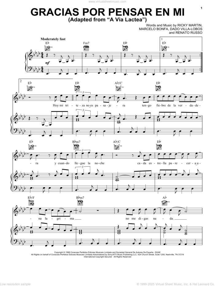 Gracias Por Pensar En Mi (Adapted from 'A Via Lactea') sheet music for voice, piano or guitar by Ricky Martin, Dado Villa-Lobos, Marcelo Bonfa and Renato Russo, intermediate skill level