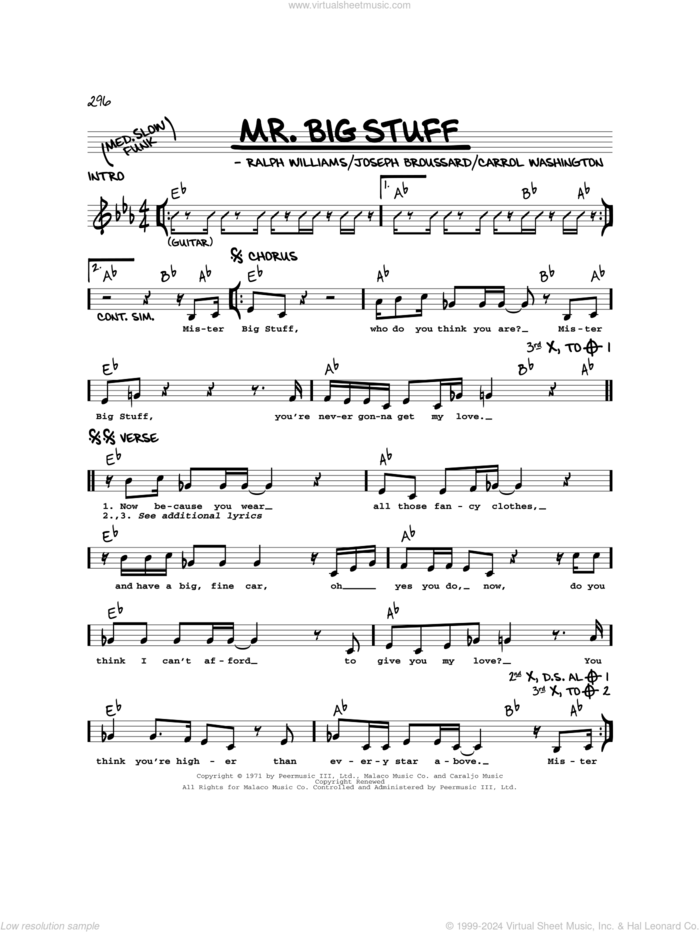 Mr. Big Stuff sheet music for voice and other instruments (real book) by Jean Knight, Carrol Washington, Joseph Broussard and Ralph Vaughan Williams, intermediate skill level