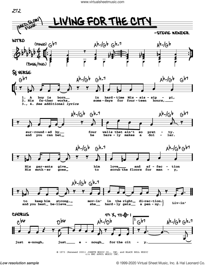 Living For The City sheet music for voice and other instruments (real book) by Stevie Wonder, intermediate skill level