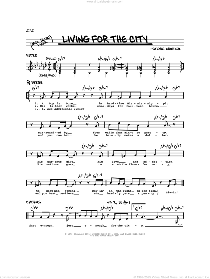 Living For The City sheet music for voice and other instruments (real book) by Stevie Wonder, intermediate skill level