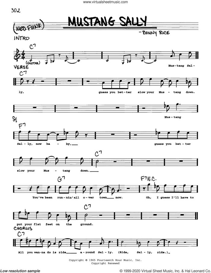 Mustang Sally sheet music for voice and other instruments (real book) by Wilson Pickett, Buddy Guy and Bonny Rice, intermediate skill level