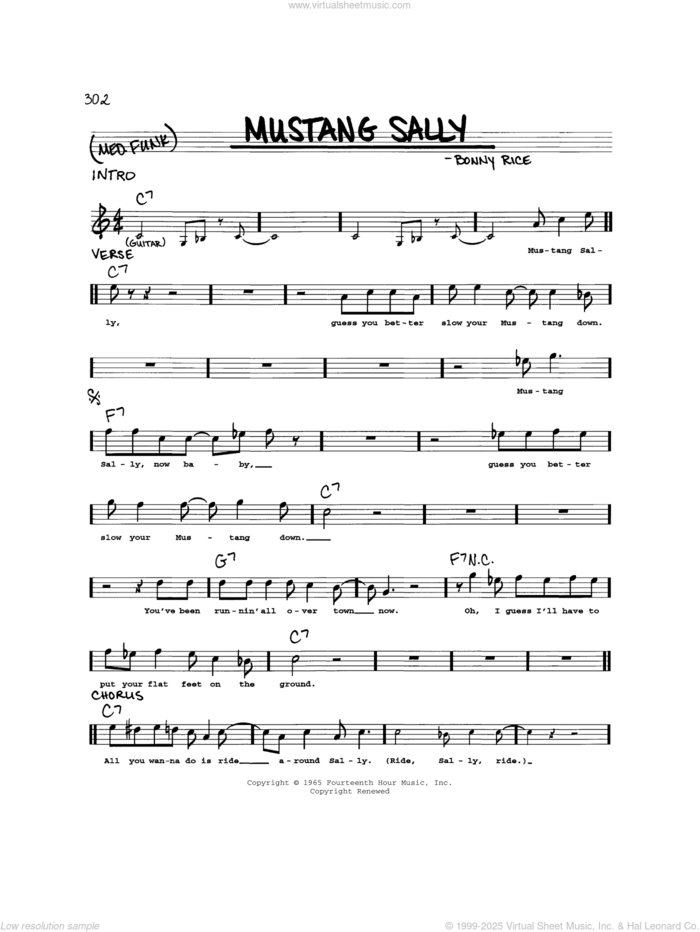 Mustang Sally sheet music for voice and other instruments (real book) by Wilson Pickett, Buddy Guy and Bonny Rice, intermediate skill level