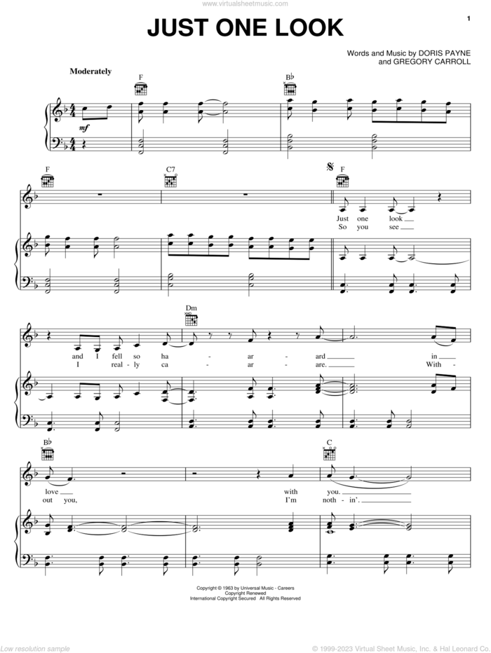 Just One Look sheet music for voice, piano or guitar by The Hollies, Doris Troy, Linda Ronstadt, Doris Payne and Gregory Carroll, intermediate skill level
