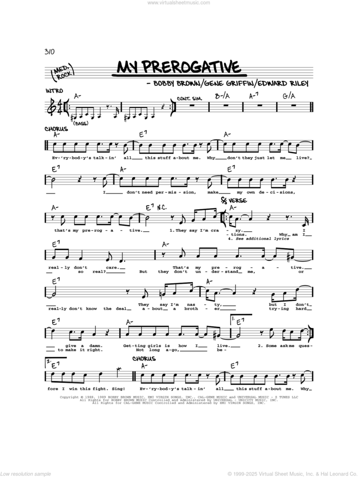 My Prerogative sheet music for voice and other instruments (real book) by Bobby Brown, Britney Spears, Edward Riley and Gene Griffin, intermediate skill level