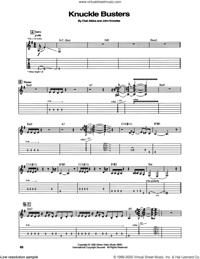 Knucklebuster sheet music for guitar (tablature) by Chet Atkins and John Knowles, intermediate skill level