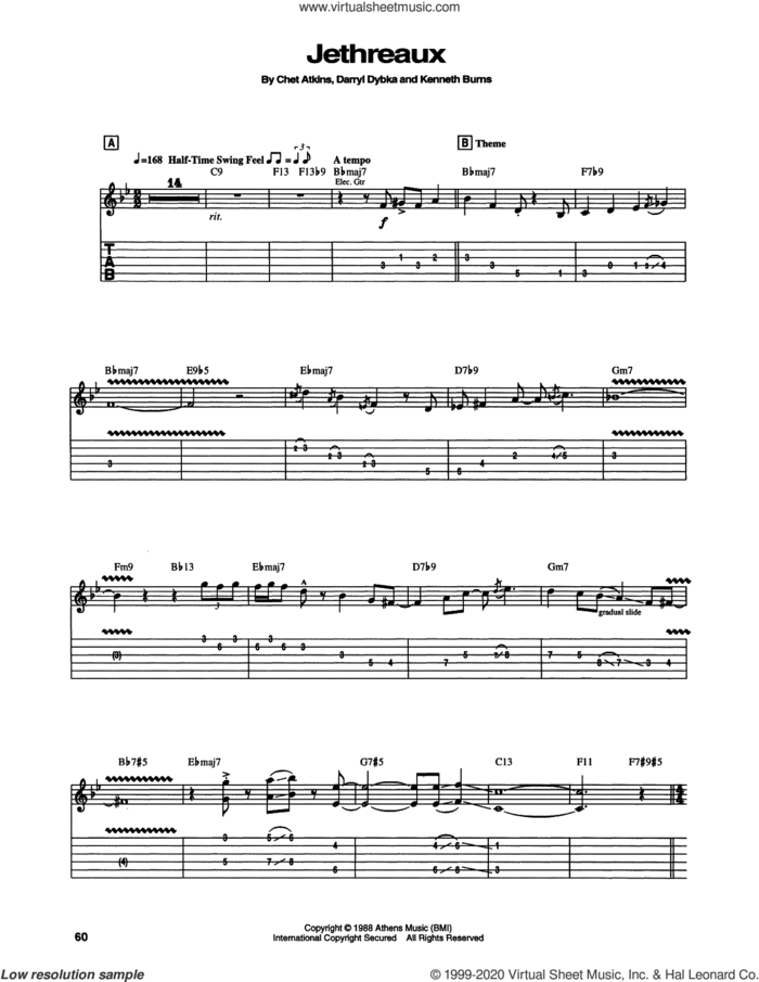 Jethreaux sheet music for guitar (tablature) by Chet Atkins, Darryl Dybka and Kenneth Burns, intermediate skill level