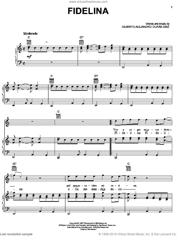 Fidelina sheet music for voice, piano or guitar by Gilberto Alejandro Duran Diaz, intermediate skill level