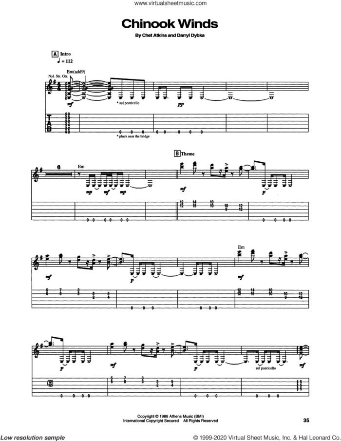Chinhook Winds sheet music for guitar (tablature) by Chet Atkins and Darryl Dybka, intermediate skill level