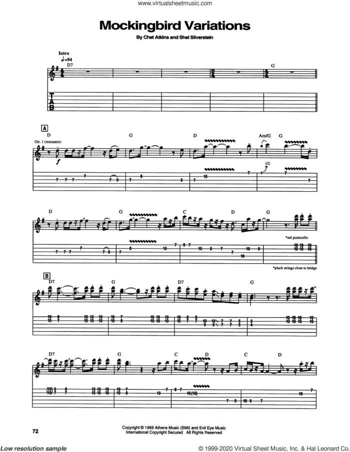Mockingbird Variations sheet music for guitar (tablature) by Chet Atkins and Shel Silverstein, intermediate skill level