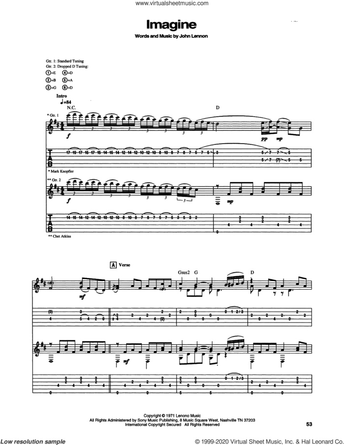 Imagine sheet music for guitar (tablature) by Chet Atkins and John Lennon, intermediate skill level