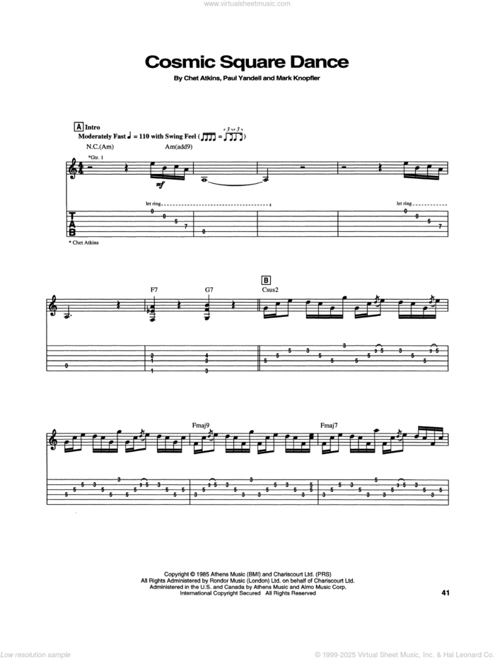 Cosmic Square Dance sheet music for guitar (tablature) by Chet Atkins, Mark Knopfler and Paul Yandell, intermediate skill level