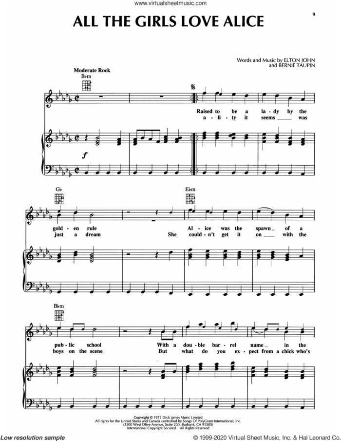 All The Girls Love Alice sheet music for voice, piano or guitar by Elton John and Bernie Taupin, intermediate skill level